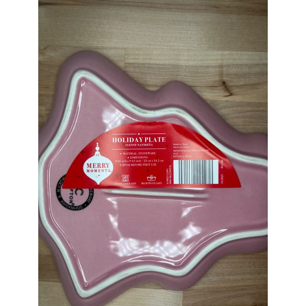 Merry Moments Pink Ceramic Christmas Tree Holiday Plate Stoneware Festive Decor